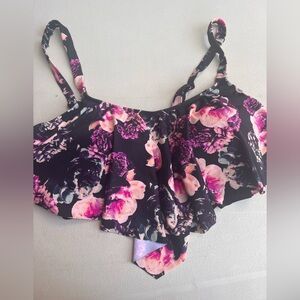 Torrid Flounce Black Top with Pink and Purple Floral Design
